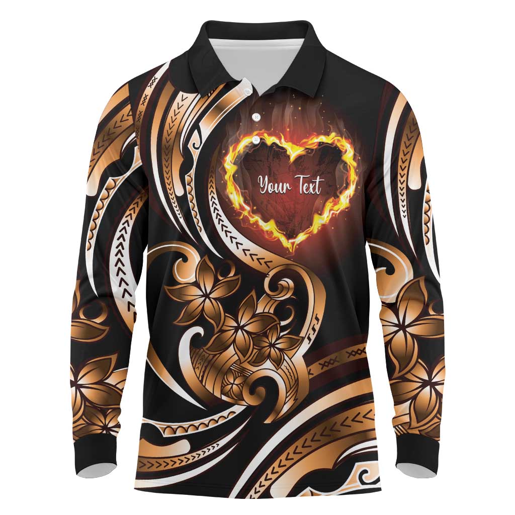Personalised Polynesian Fiery Heart Long Sleeve Polo Shirt Passionate Love LT01 Black - Polynesian Pride