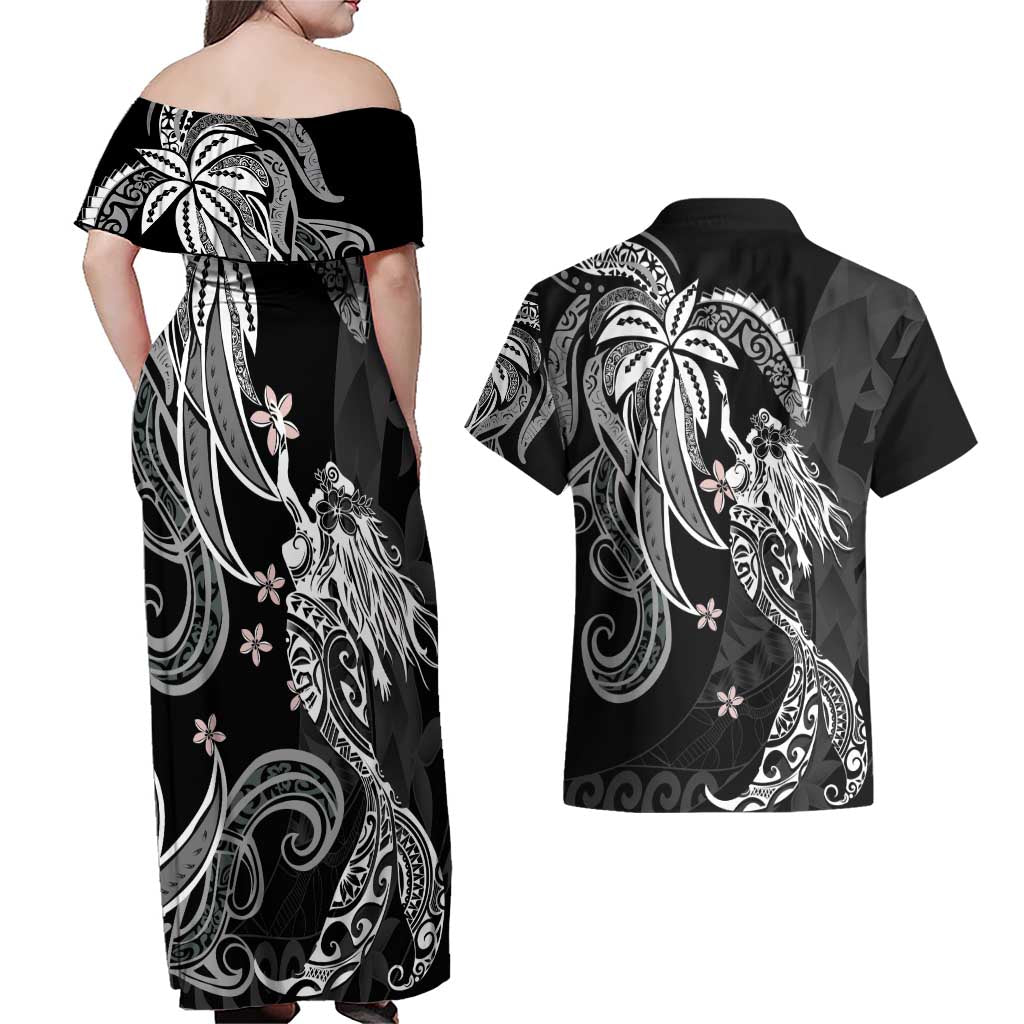 Polynesian Mermaid Plumeria Tribal Tattoo Couples Matching Off Shoulder Maxi Dress and Hawaiian Shirt LT01 - Polynesian Pride