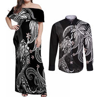 Polynesian Mermaid Plumeria Tribal Tattoo Couples Matching Off Shoulder Maxi Dress and Long Sleeve Button Shirt