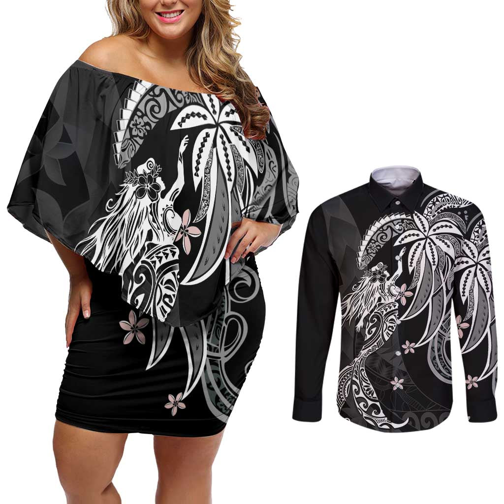 Polynesian Mermaid Plumeria Tribal Tattoo Couples Matching Off Shoulder Short Dress and Long Sleeve Button Shirt