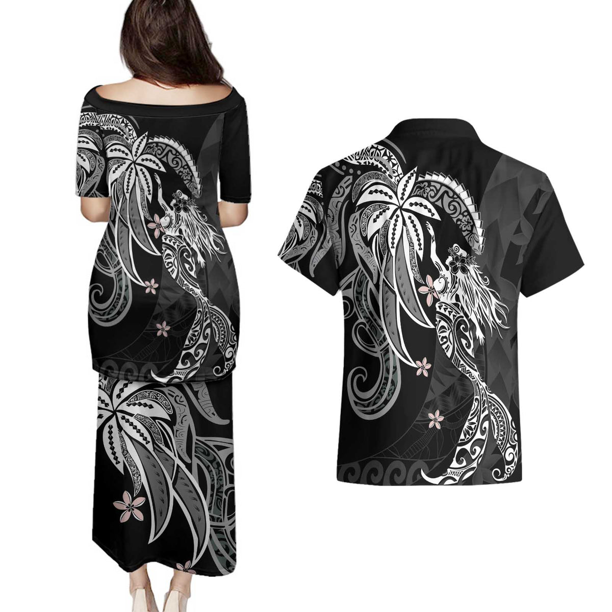 Polynesian Mermaid Plumeria Tribal Tattoo Couples Matching Puletasi and Hawaiian Shirt
