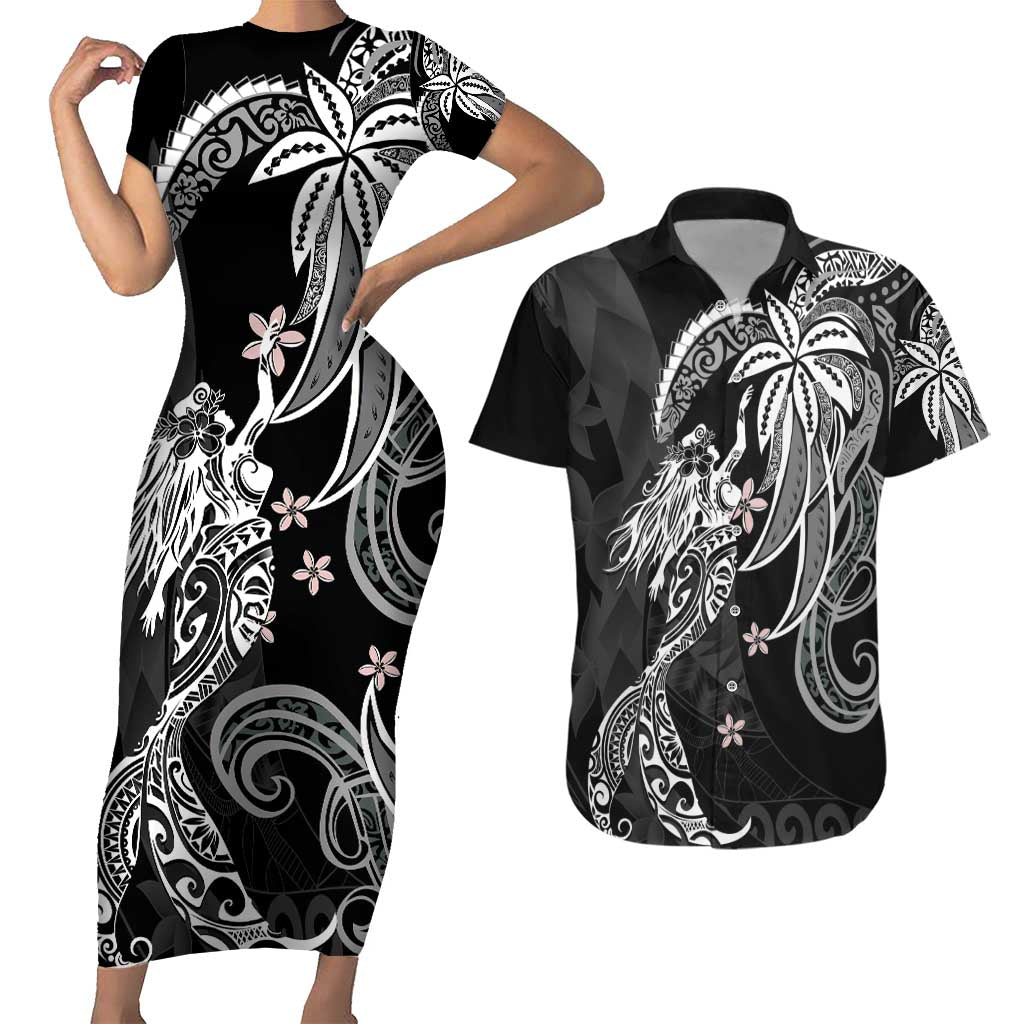 Polynesian Mermaid Plumeria Tribal Tattoo Couples Matching Short Sleeve Bodycon Dress and Hawaiian Shirt LT01 Black - Polynesian Pride