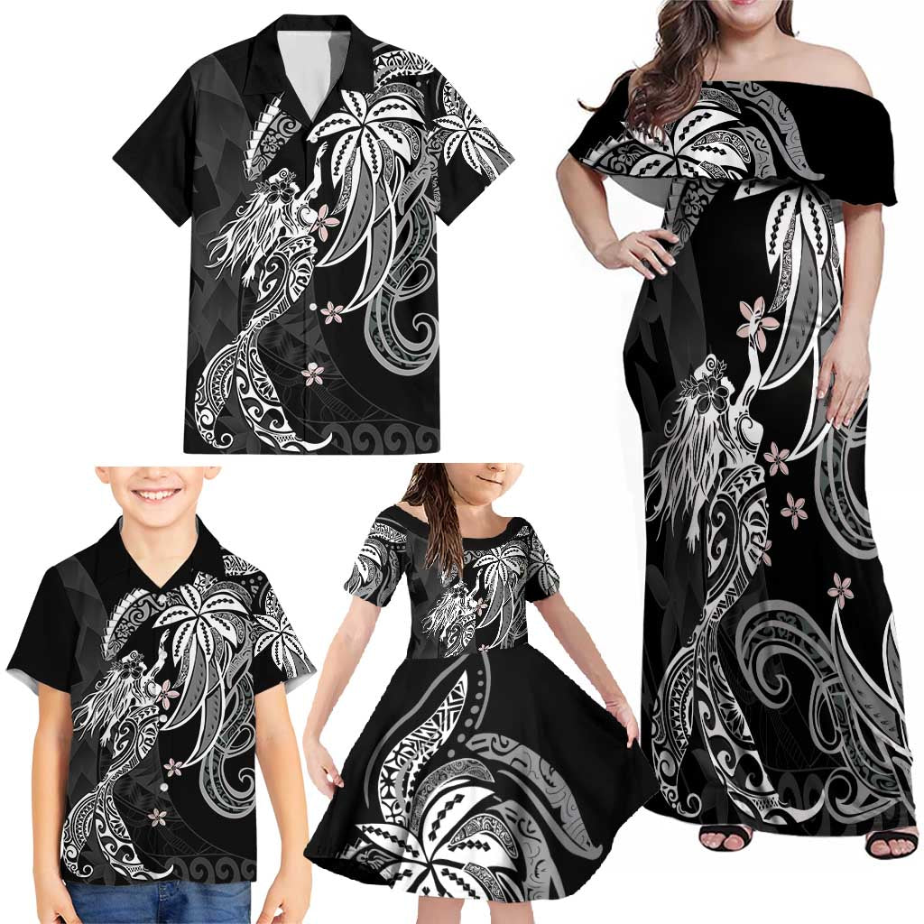 Polynesian Mermaid Plumeria Tribal Tattoo Family Matching Off Shoulder Maxi Dress and Hawaiian Shirt