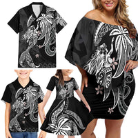 Polynesian Mermaid Plumeria Tribal Tattoo Family Matching Off Shoulder Short Dress and Hawaiian Shirt