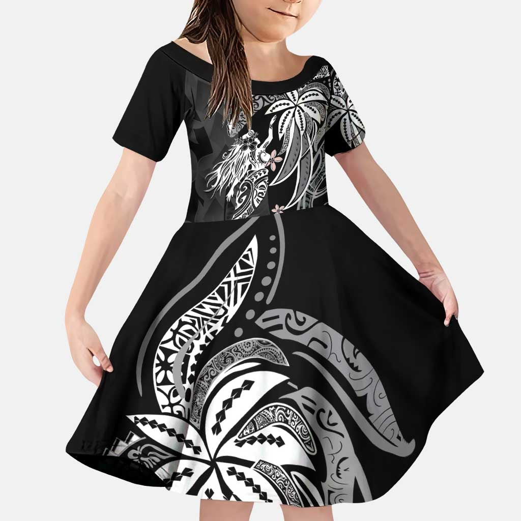 Polynesian Mermaid Plumeria Tribal Tattoo Family Matching Puletasi and Hawaiian Shirt LT01 Daughter's Dress Black - Polynesian Pride