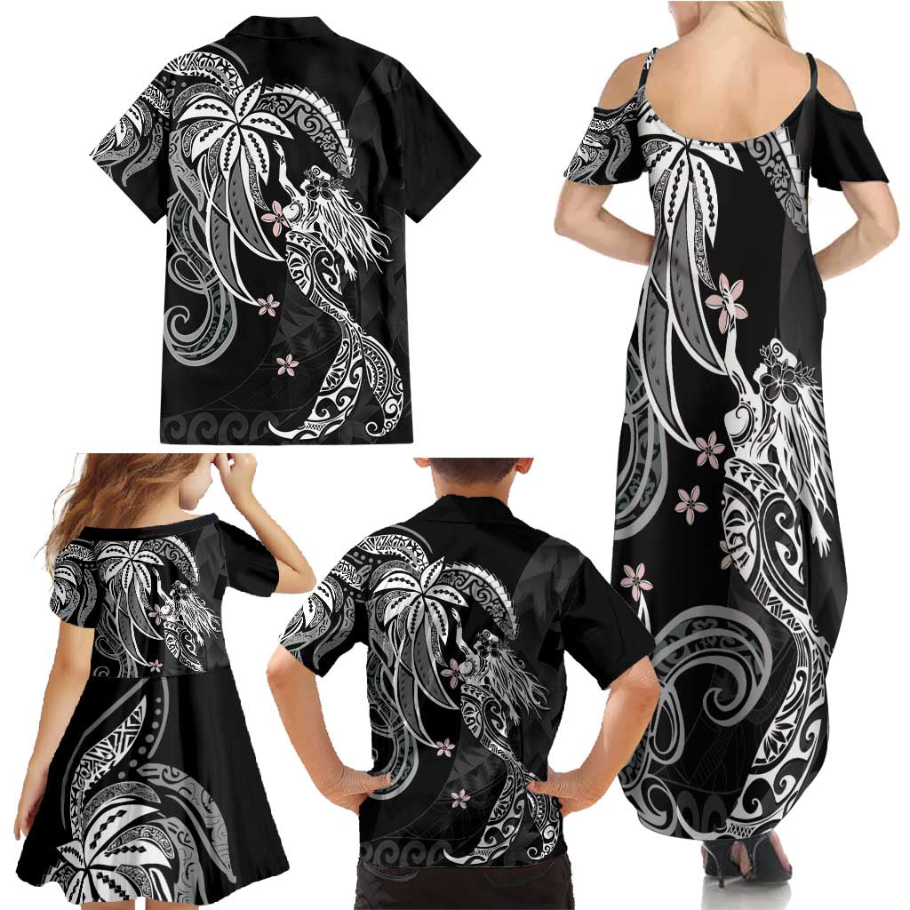 Polynesian Mermaid Plumeria Tribal Tattoo Family Matching Summer Maxi Dress and Hawaiian Shirt
