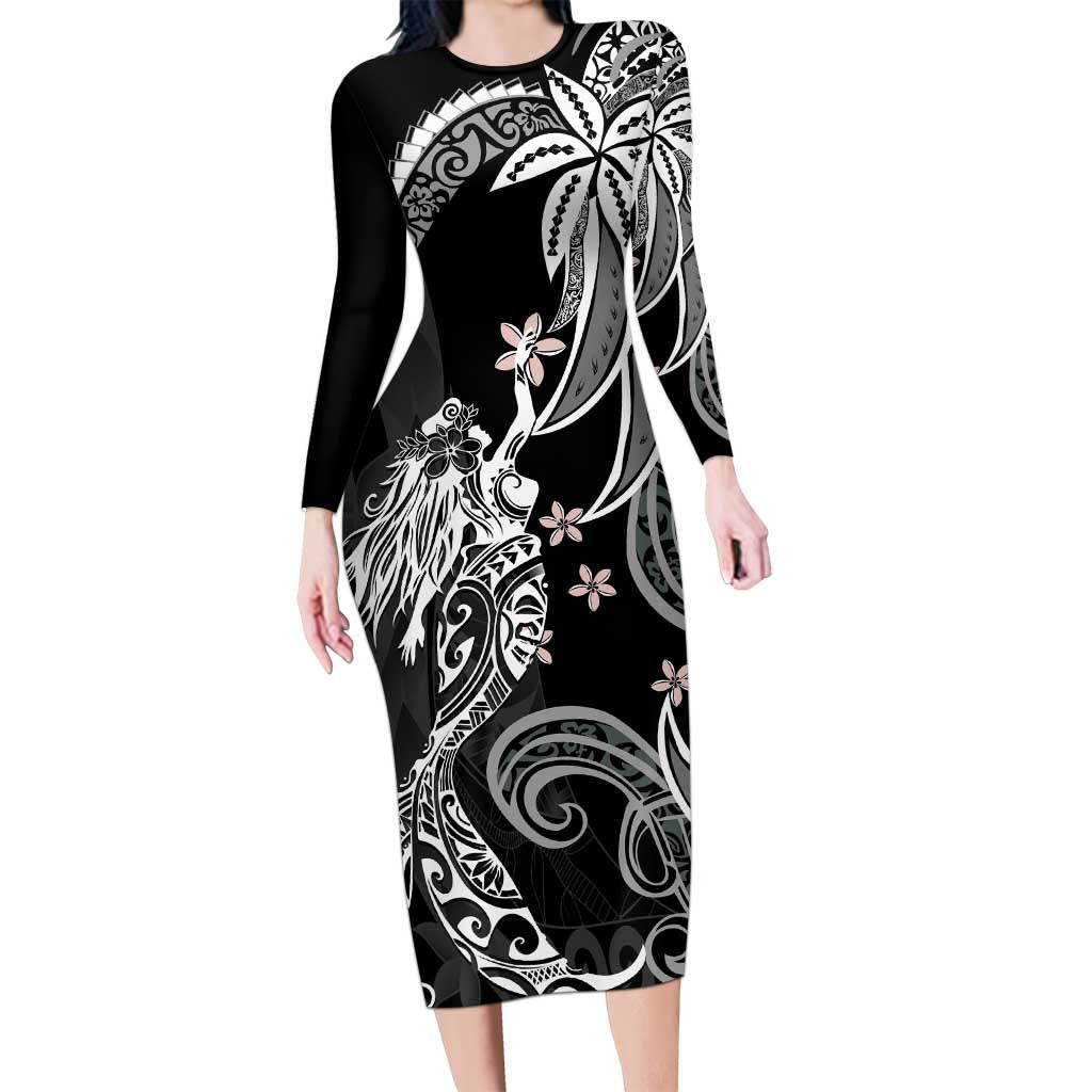 Polynesian Mermaid Plumeria Tribal Tattoo Long Sleeve Bodycon Dress LT01 Long Dress Black - Polynesian Pride