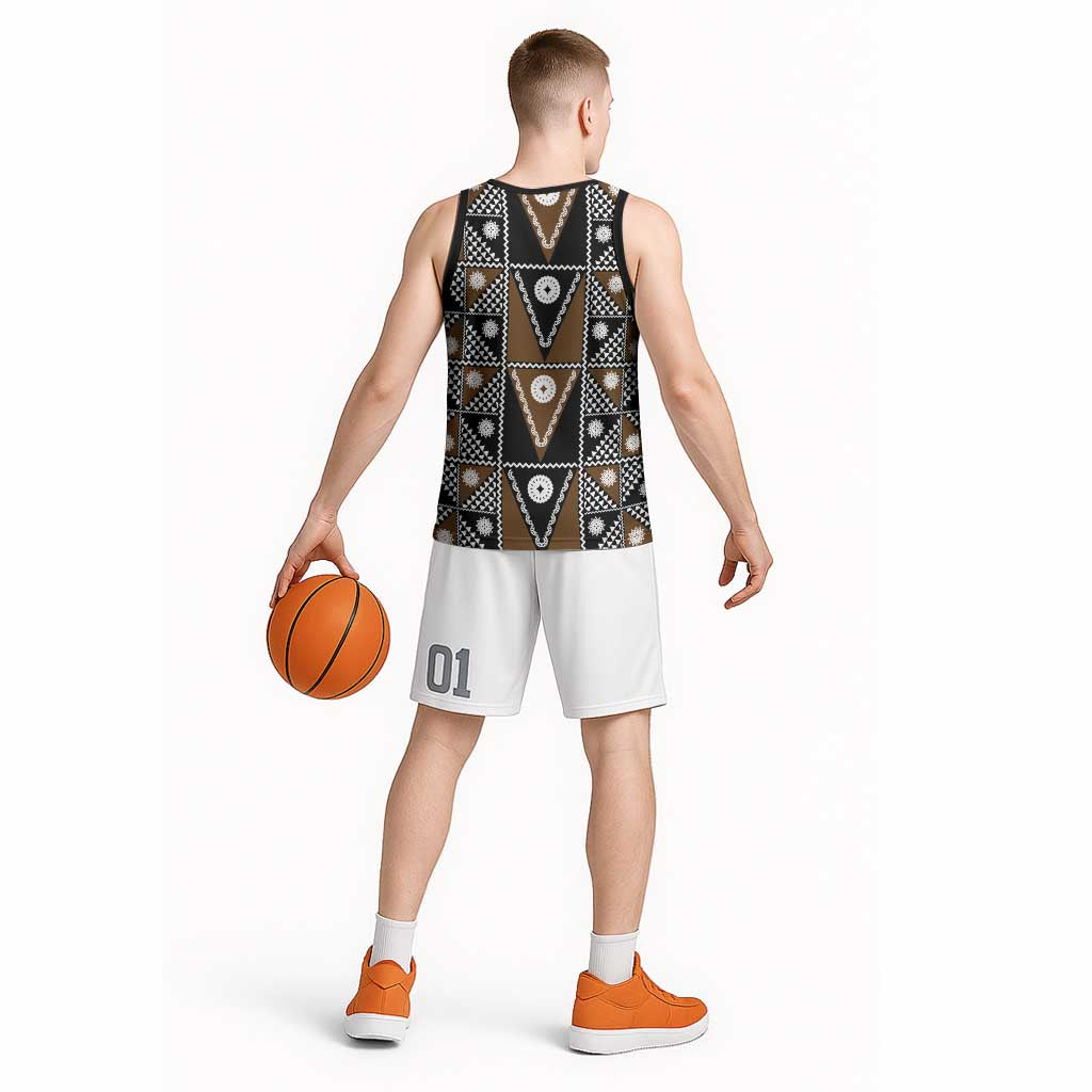 Fiji Brown Masi Pattern Basketball Jersey Fijian Tapa