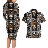 Fiji Brown Masi Pattern Couples Matching Long Sleeve Bodycon Dress and Hawaiian Shirt Fijian Tapa