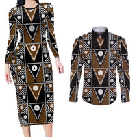 Fiji Brown Masi Pattern Couples Matching Long Sleeve Bodycon Dress and Long Sleeve Button Shirt Fijian Tapa