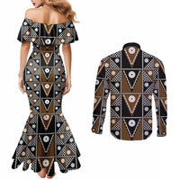 Fiji Brown Masi Pattern Couples Matching Mermaid Dress and Long Sleeve Button Shirt Fijian Tapa