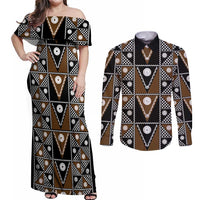 Fiji Brown Masi Pattern Couples Matching Off Shoulder Maxi Dress and Long Sleeve Button Shirt Fijian Tapa