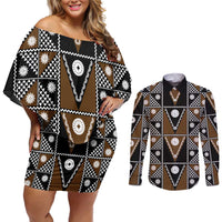 Fiji Brown Masi Pattern Couples Matching Off Shoulder Short Dress and Long Sleeve Button Shirt Fijian Tapa