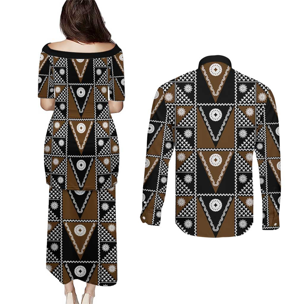 Fiji Brown Masi Pattern Couples Matching Puletasi and Long Sleeve Button Shirt Fijian Tapa