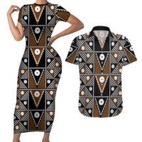 Fiji Brown Masi Pattern Couples Matching Short Sleeve Bodycon Dress and Hawaiian Shirt Fijian Tapa