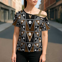Fiji Brown Masi Pattern Cross Shoulder Shirt Fijian Tapa