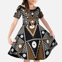 Fiji Brown Masi Pattern Family Matching Long Sleeve Bodycon Dress and Hawaiian Shirt Fijian Tapa LT01 Daughter's Dress Brown - Polynesian Pride