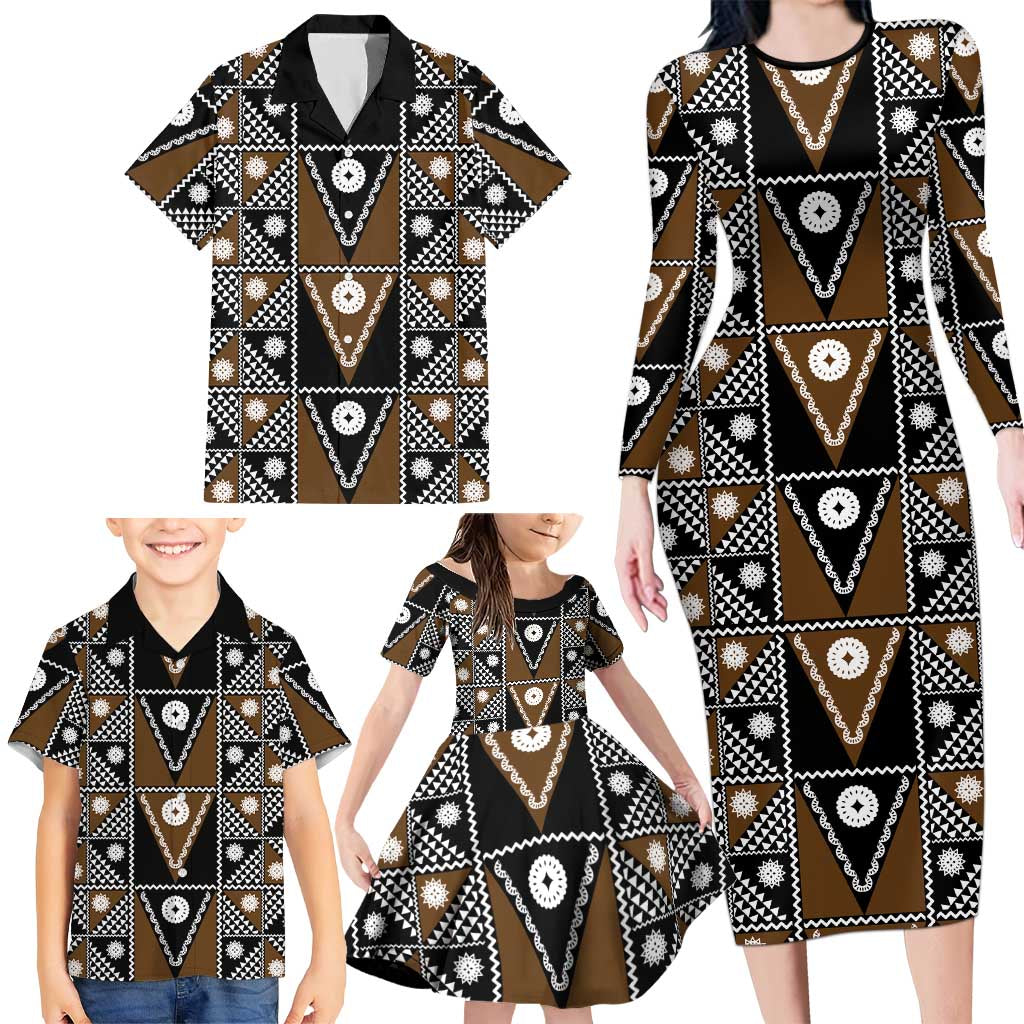 Fiji Brown Masi Pattern Family Matching Long Sleeve Bodycon Dress and Hawaiian Shirt Fijian Tapa LT01 - Polynesian Pride