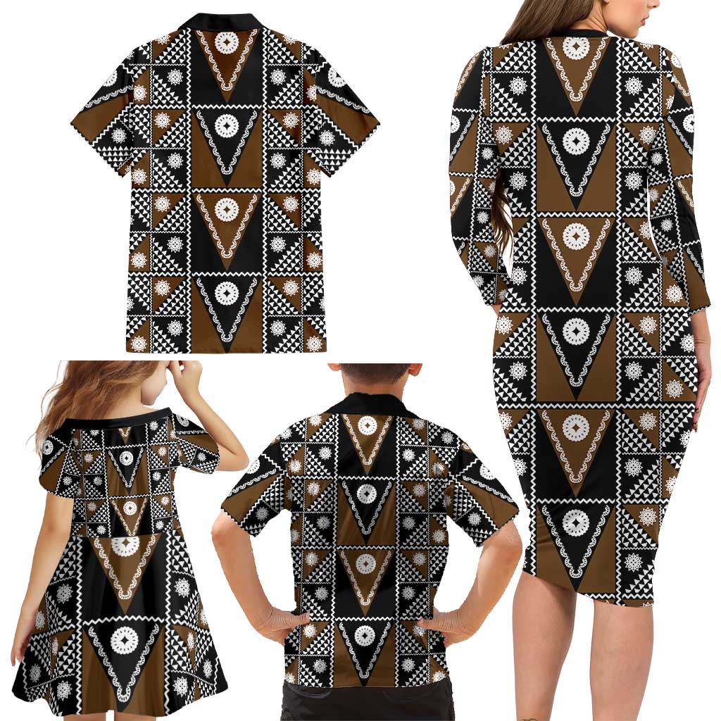 Fiji Brown Masi Pattern Family Matching Long Sleeve Bodycon Dress and Hawaiian Shirt Fijian Tapa LT01 - Polynesian Pride