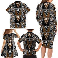 Fiji Brown Masi Pattern Family Matching Long Sleeve Bodycon Dress and Hawaiian Shirt Fijian Tapa LT01 - Polynesian Pride