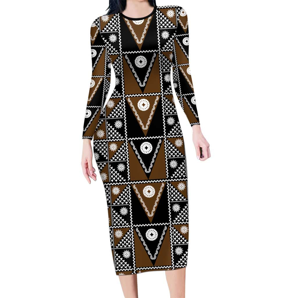 Fiji Brown Masi Pattern Family Matching Long Sleeve Bodycon Dress and Hawaiian Shirt Fijian Tapa LT01 Mom's Dress Brown - Polynesian Pride