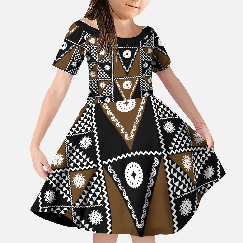 Fiji Brown Masi Pattern Family Matching Off The Shoulder Long Sleeve Dress and Hawaiian Shirt Fijian Tapa LT01 Daughter's Dress Brown - Polynesian Pride
