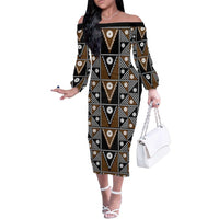 Fiji Brown Masi Pattern Family Matching Off The Shoulder Long Sleeve Dress and Hawaiian Shirt Fijian Tapa LT01 Mom's Dress Brown - Polynesian Pride