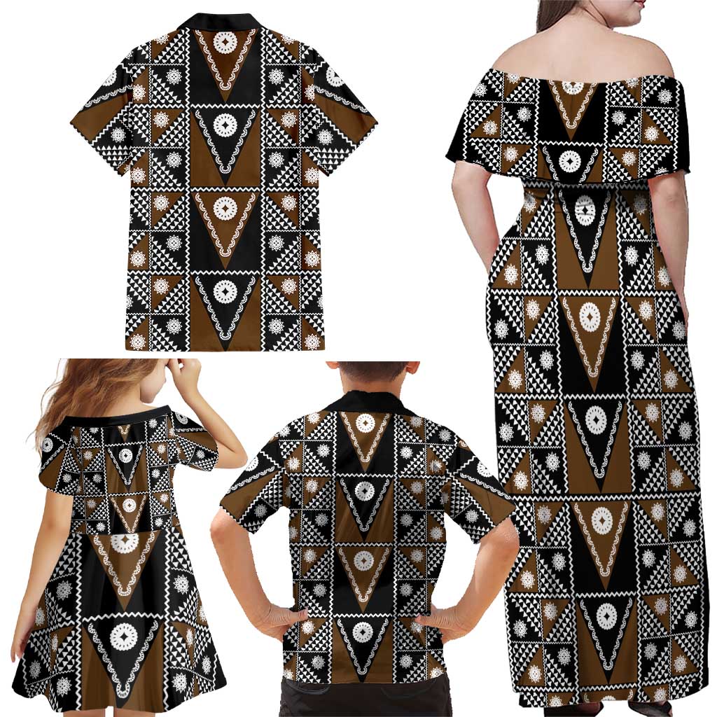 Fiji Brown Masi Pattern Family Matching Off Shoulder Maxi Dress and Hawaiian Shirt Fijian Tapa LT01 - Polynesian Pride