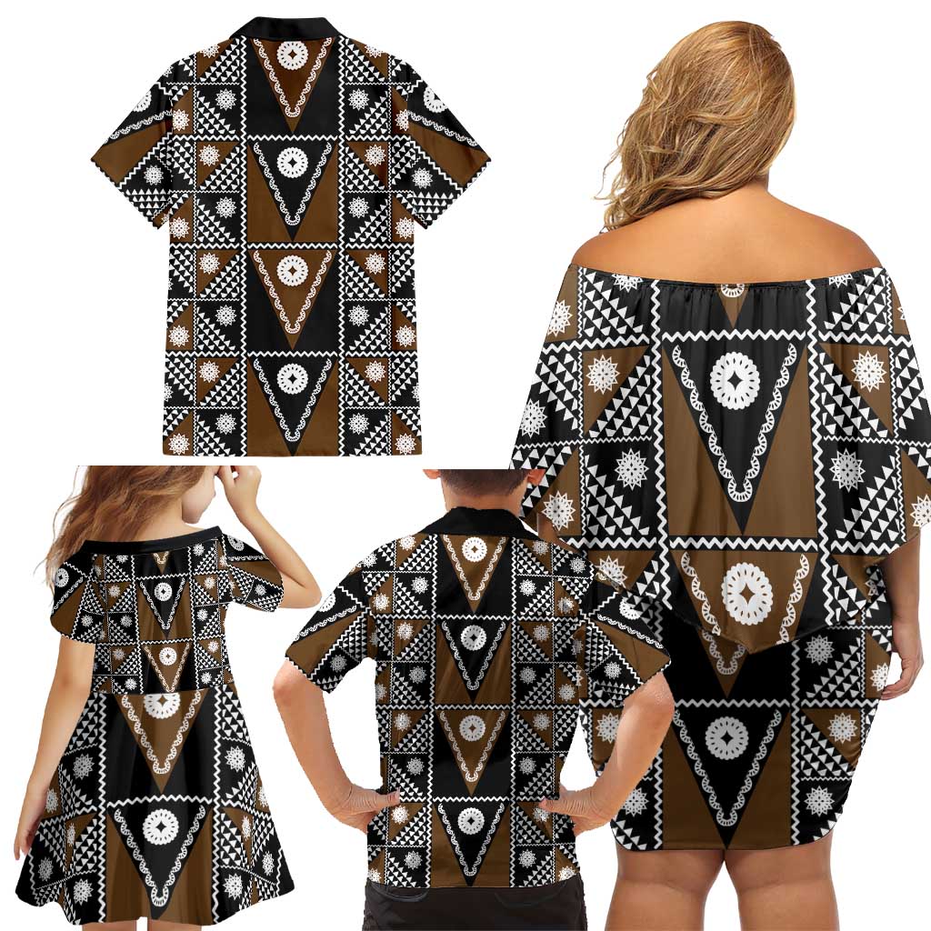 Fiji Brown Masi Pattern Family Matching Off Shoulder Short Dress and Hawaiian Shirt Fijian Tapa LT01 - Polynesian Pride