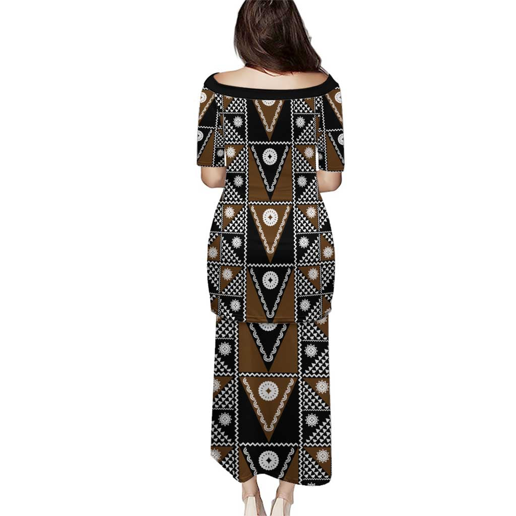 Fiji Brown Masi Pattern Family Matching Puletasi and Hawaiian Shirt Fijian Tapa