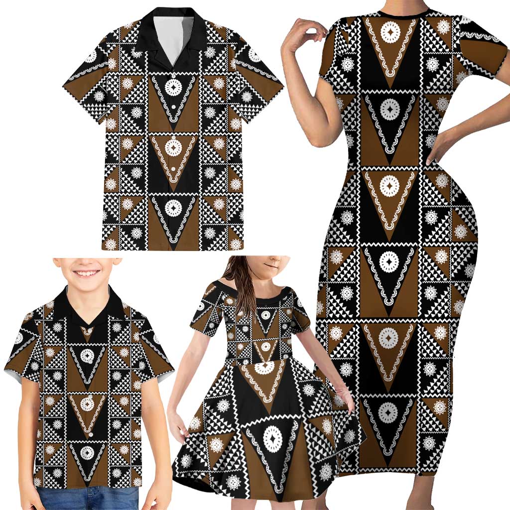 Fiji Brown Masi Pattern Family Matching Short Sleeve Bodycon Dress and Hawaiian Shirt Fijian Tapa LT01 - Polynesian Pride