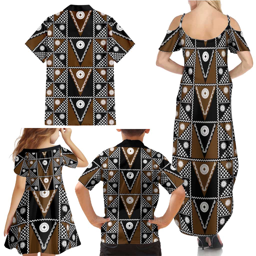Fiji Brown Masi Pattern Family Matching Summer Maxi Dress and Hawaiian Shirt Fijian Tapa LT01 - Polynesian Pride