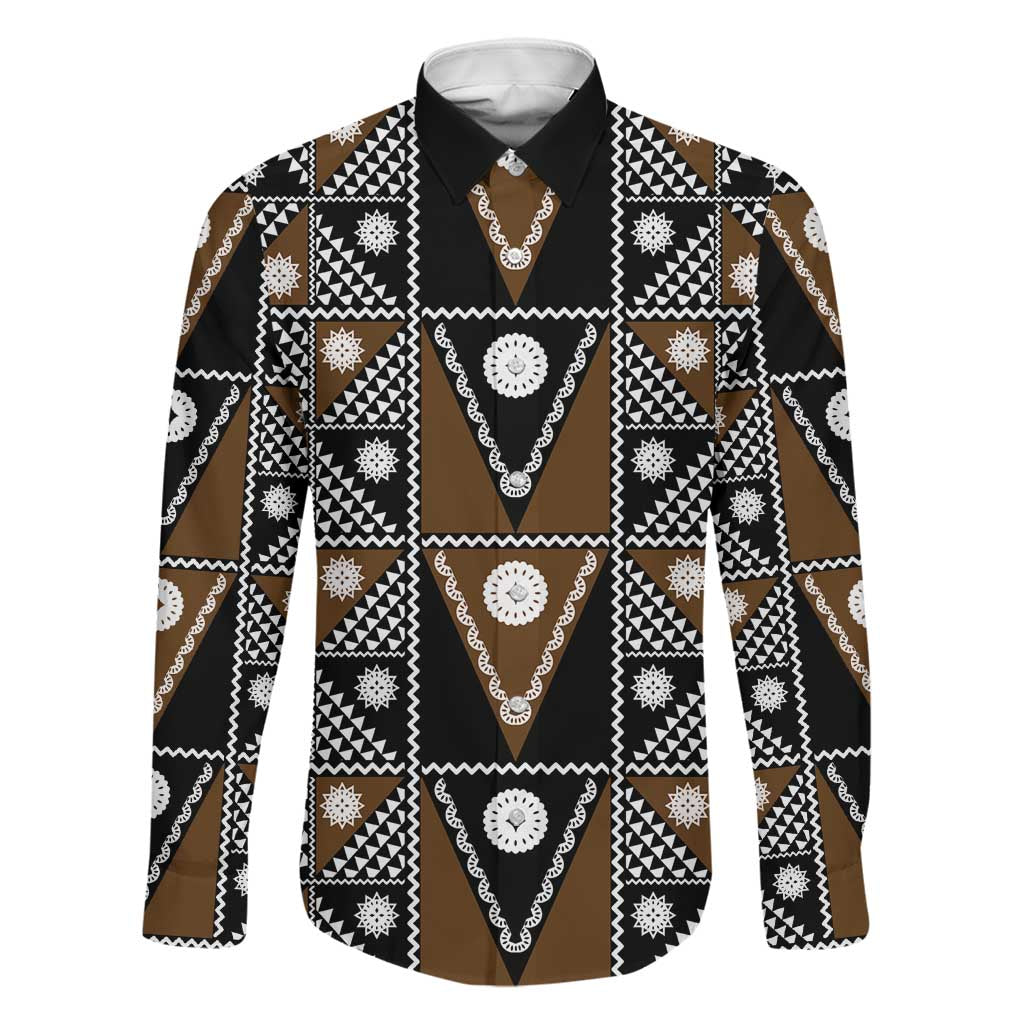 Fiji Brown Masi Pattern Family Matching Tank Maxi Dress and Hawaiian Shirt Fijian Tapa LT01 Dad's Shirt - Long Sleeve Brown - Polynesian Pride