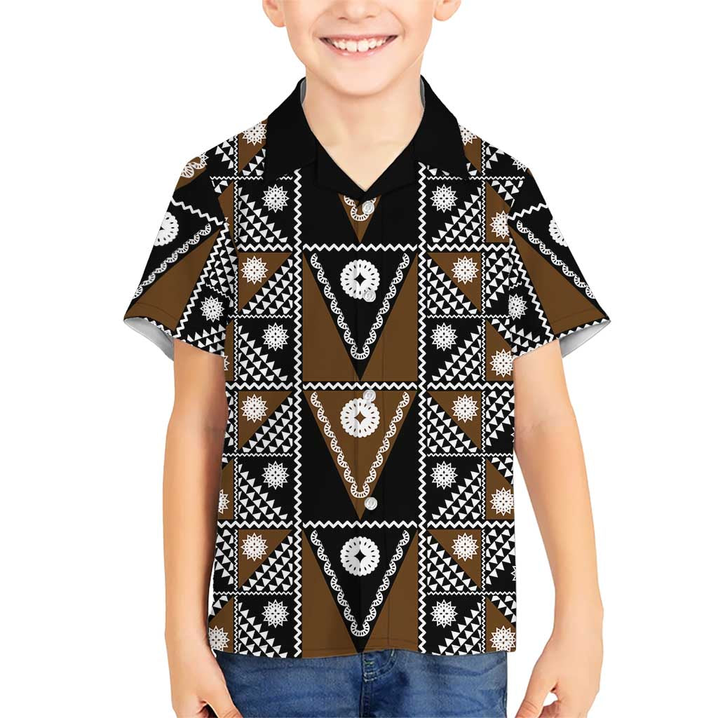Fiji Brown Masi Pattern Kid Hawaiian Shirt Fijian Tapa