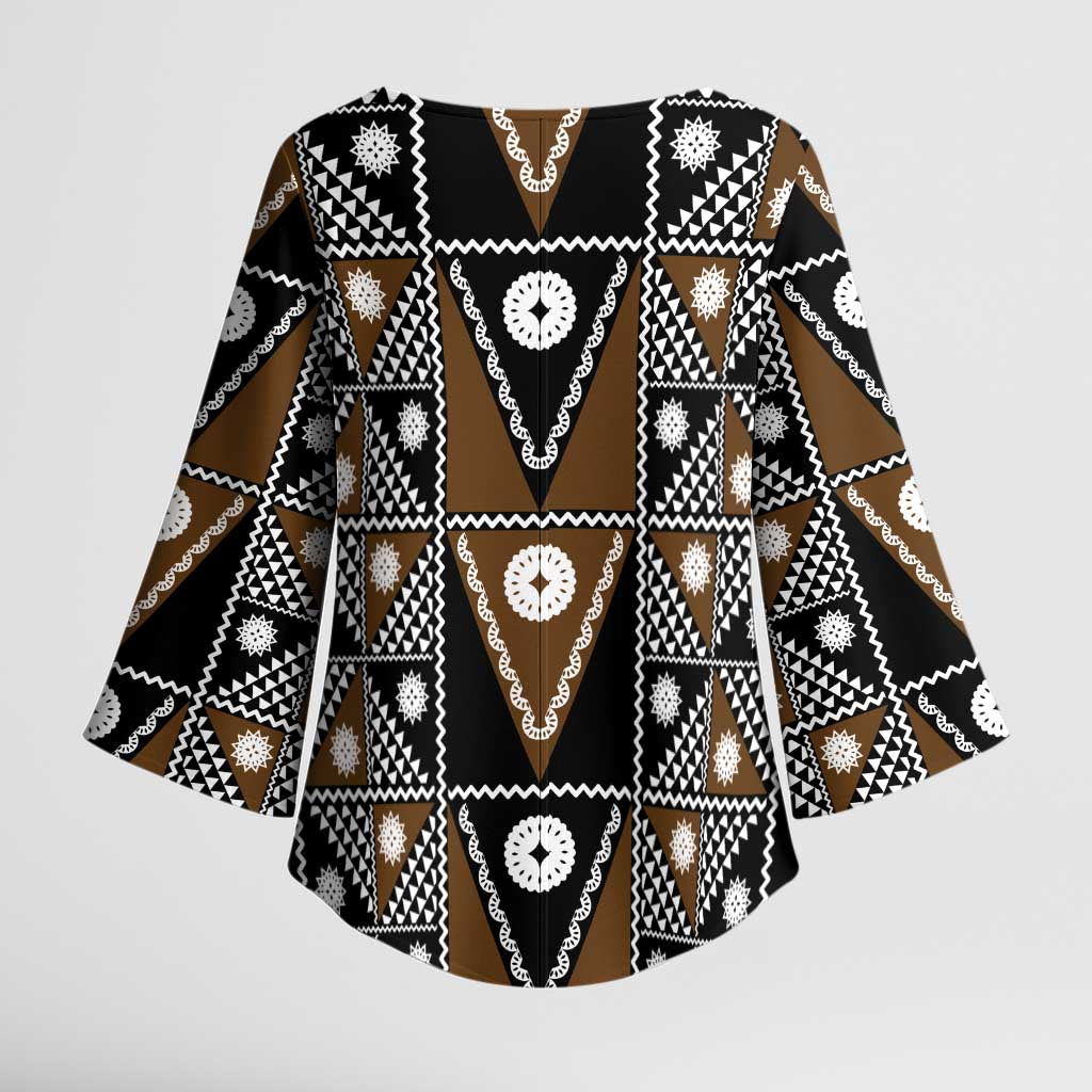 Fiji Brown Masi Pattern Kimono Sleeve Blouse Fijian Tapa