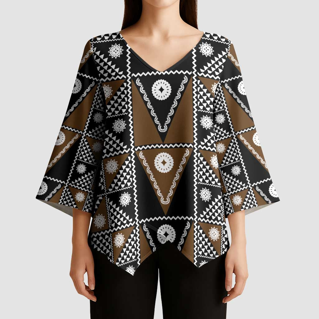 Fiji Brown Masi Pattern Kimono Sleeve Blouse Fijian Tapa
