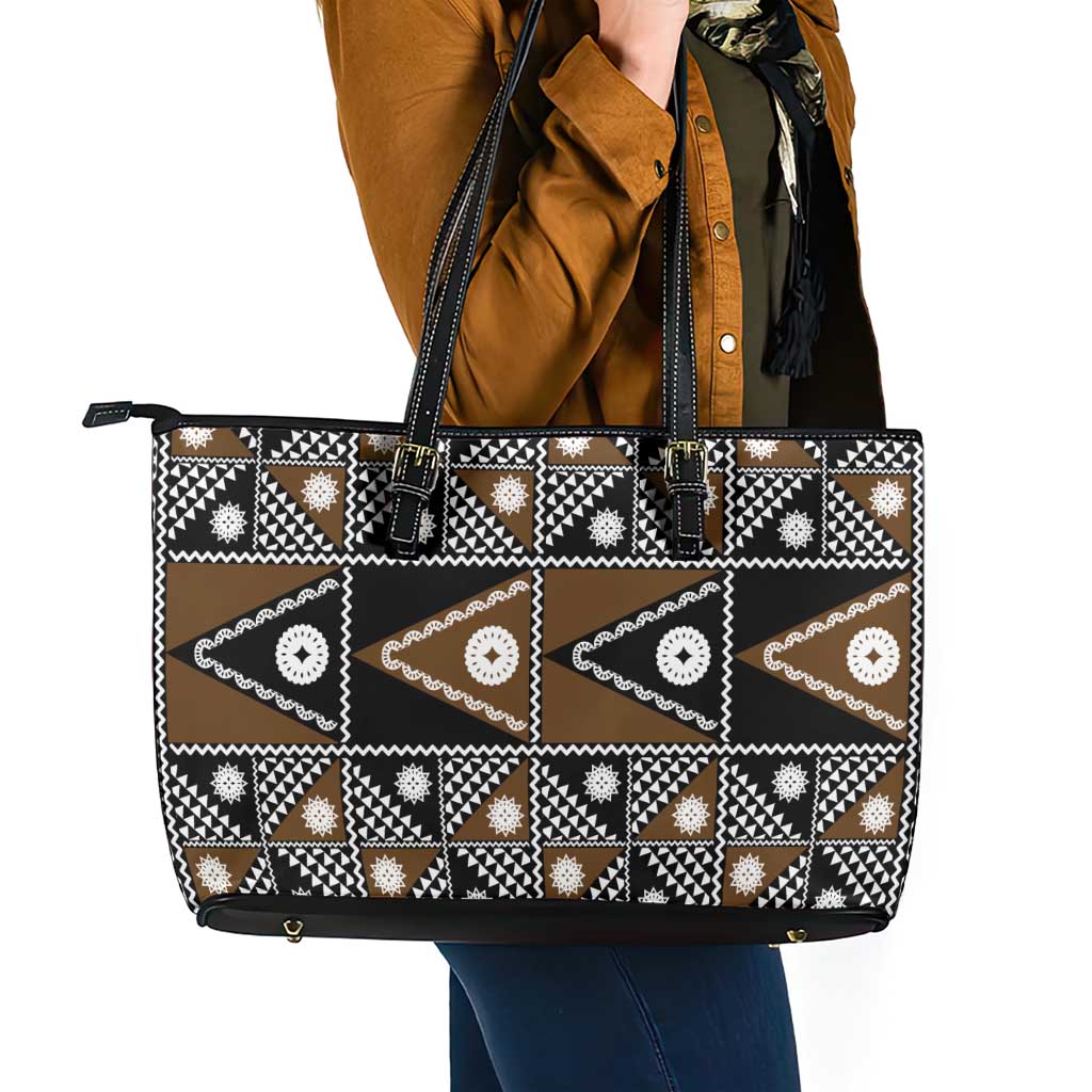 Fiji Brown Masi Pattern Leather Tote Bag Fijian Tapa