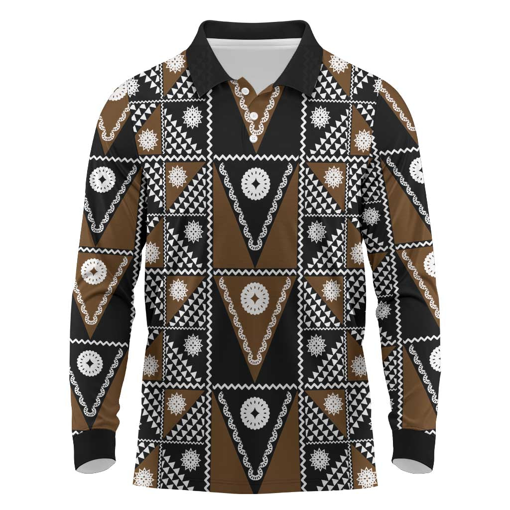 Fiji Brown Masi Pattern Long Sleeve Polo Shirt Fijian Tapa