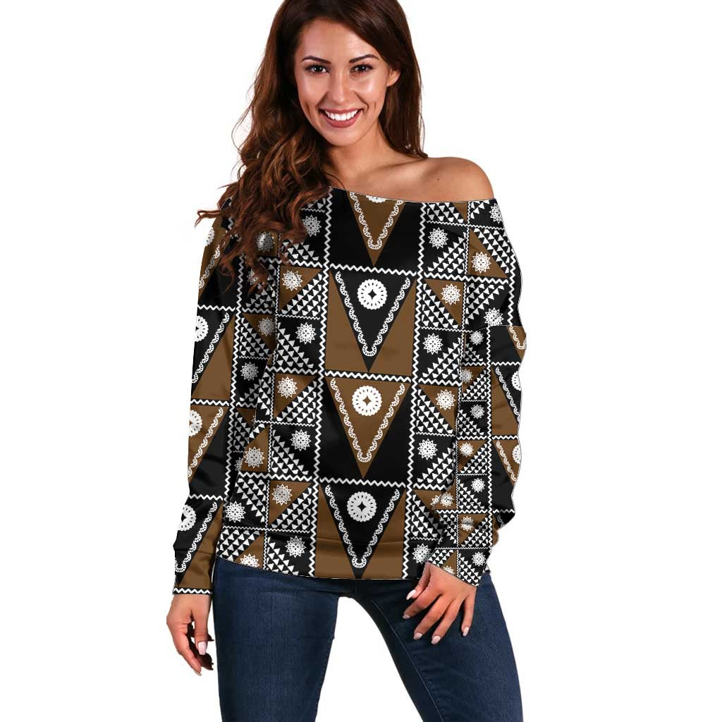 Fiji Brown Masi Pattern Off Shoulder Sweater Fijian Tapa