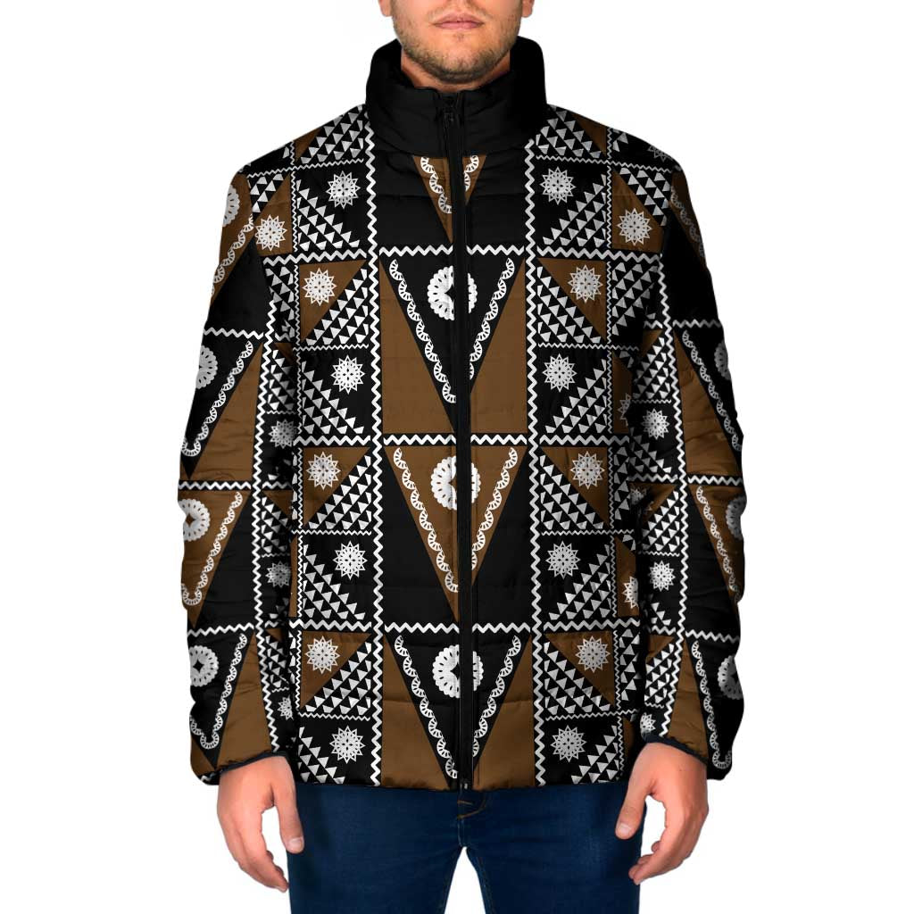 Fiji Brown Masi Pattern Padded Jacket Fijian Tapa