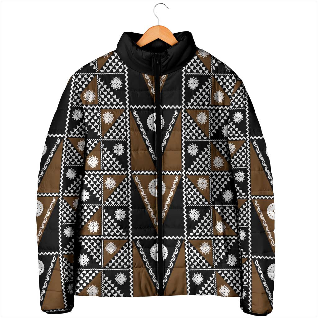 Fiji Brown Masi Pattern Padded Jacket Fijian Tapa