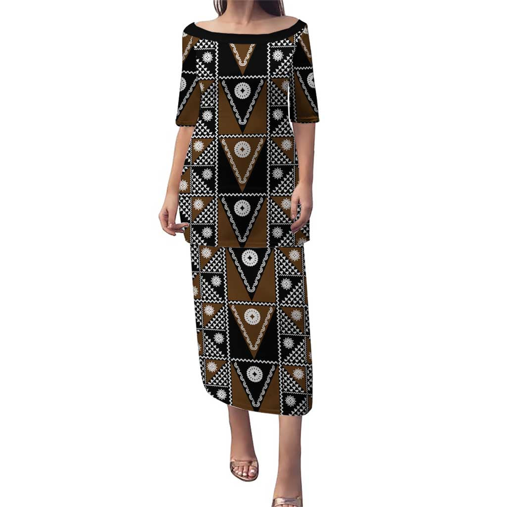 Fiji Brown Masi Pattern Puletasi Fijian Tapa