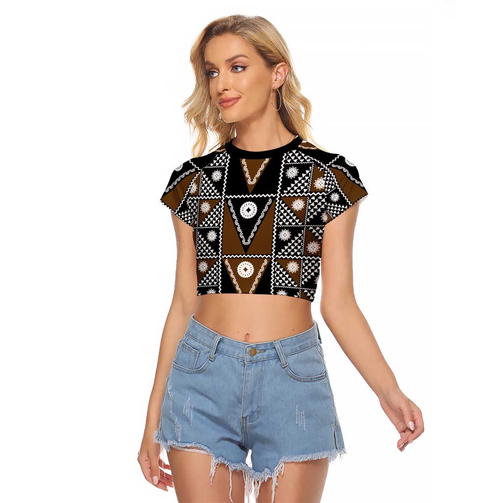 Fiji Brown Masi Pattern Raglan Cropped T Shirt Fijian Tapa