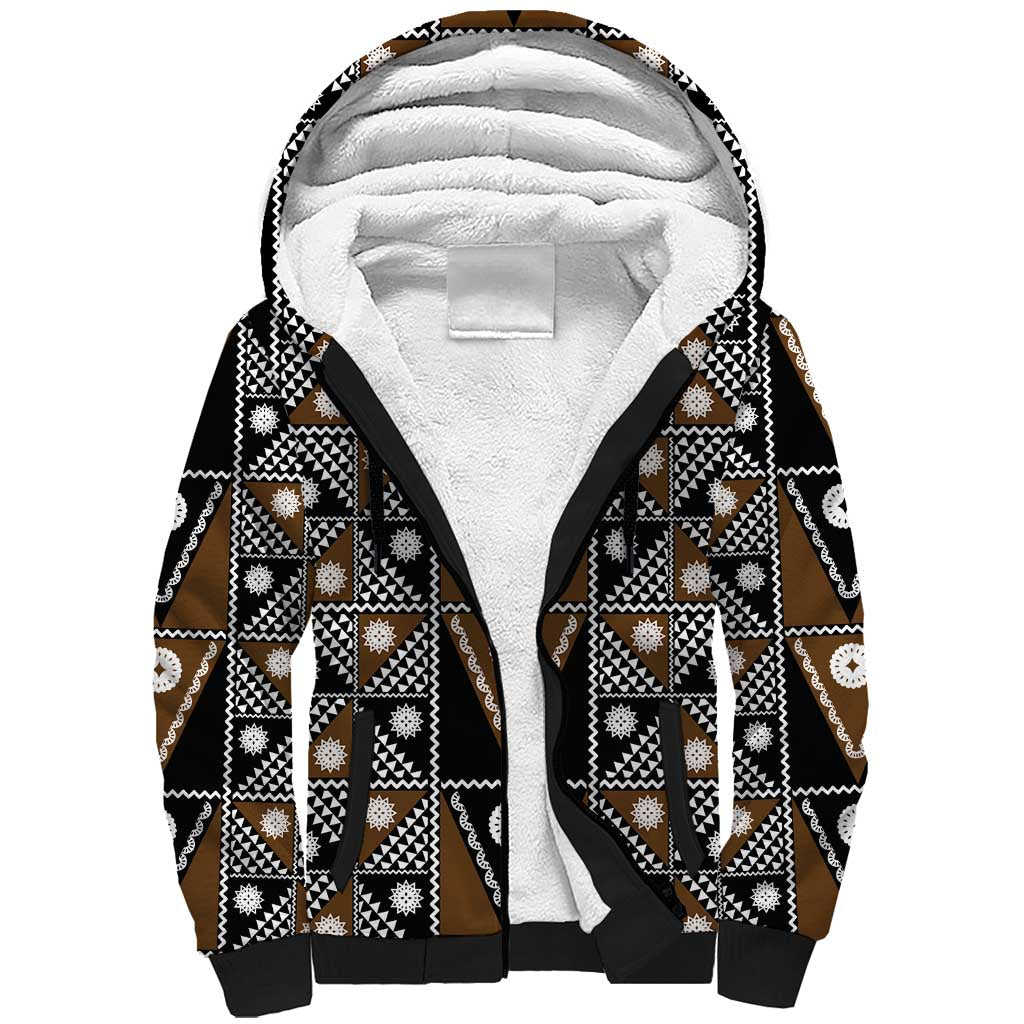 Fiji Brown Masi Pattern Sherpa Hoodie Fijian Tapa