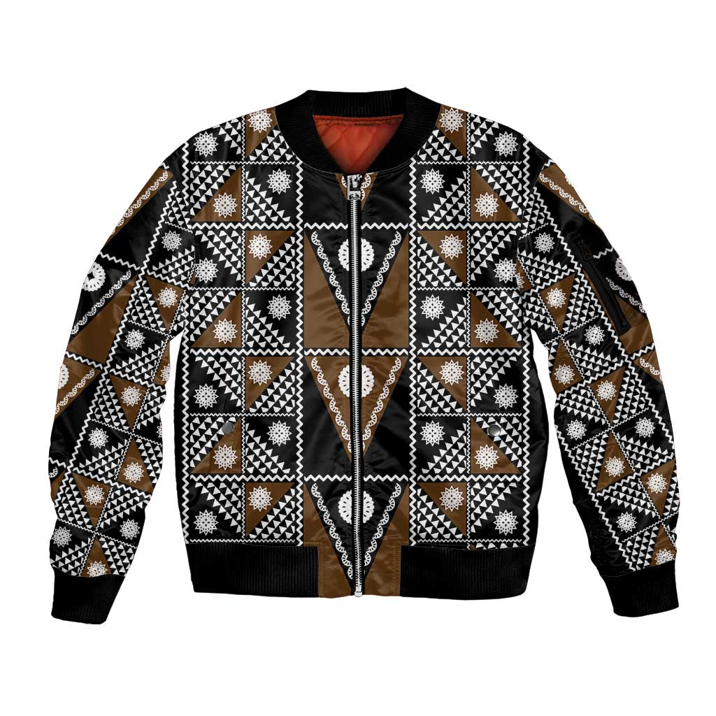 Fiji Brown Masi Pattern Sleeve Zip Bomber Jacket Fijian Tapa