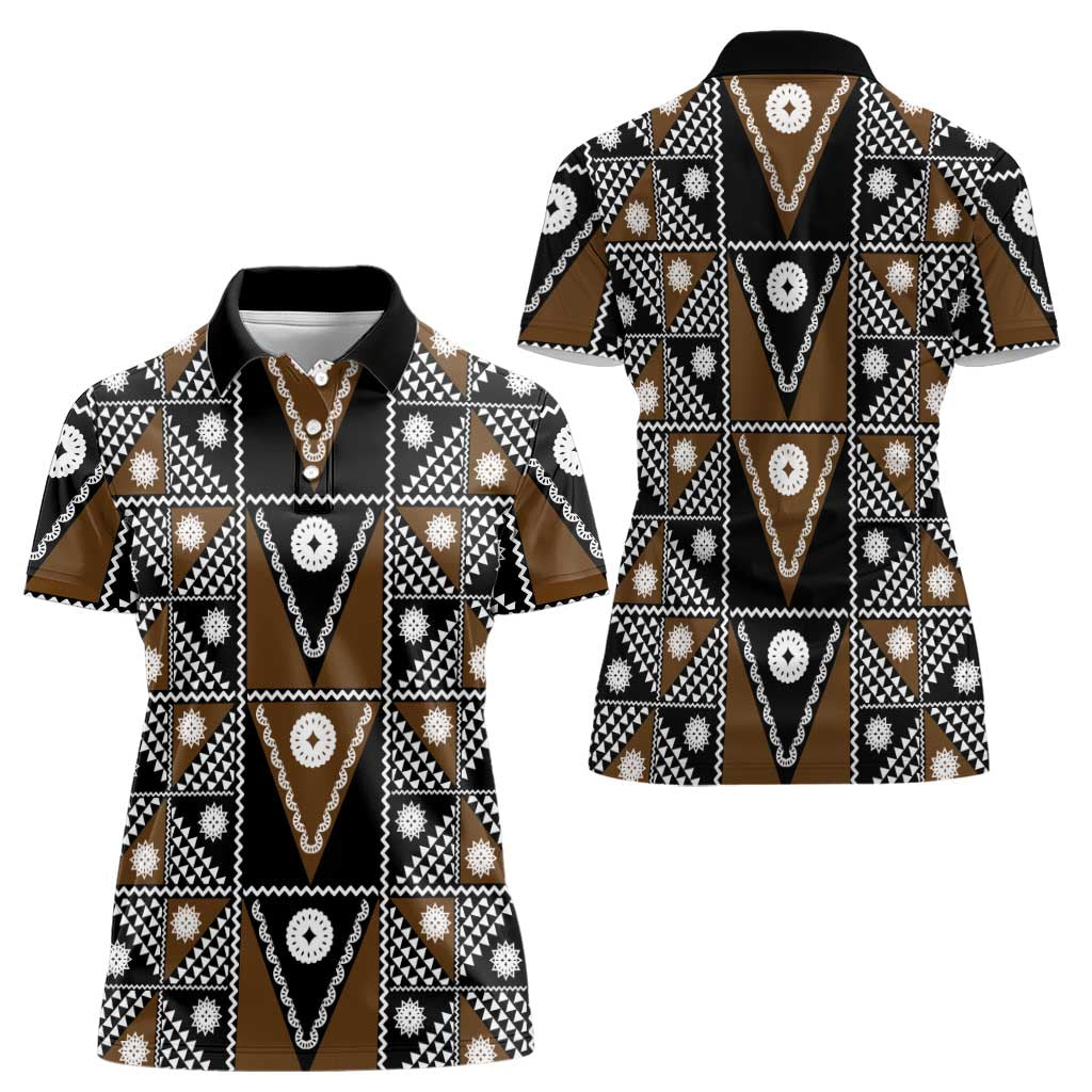 Fiji Brown Masi Pattern Women Polo Shirt Fijian Tapa