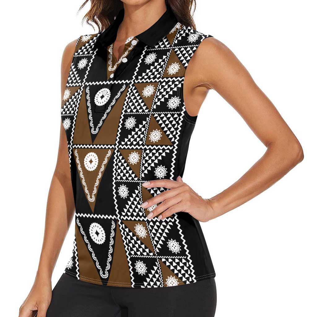 Fiji Brown Masi Pattern Women Sleeveless Polo Shirt Fijian Tapa