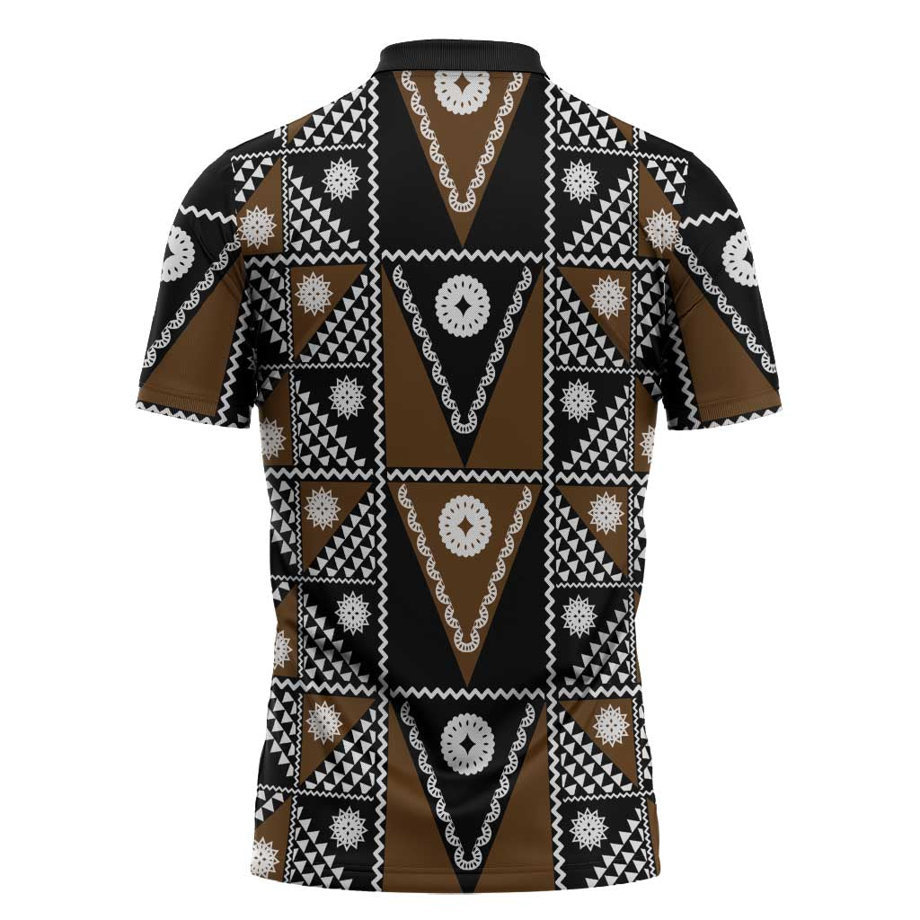 Fiji Brown Masi Pattern Zipper Polo Shirt Fijian Tapa