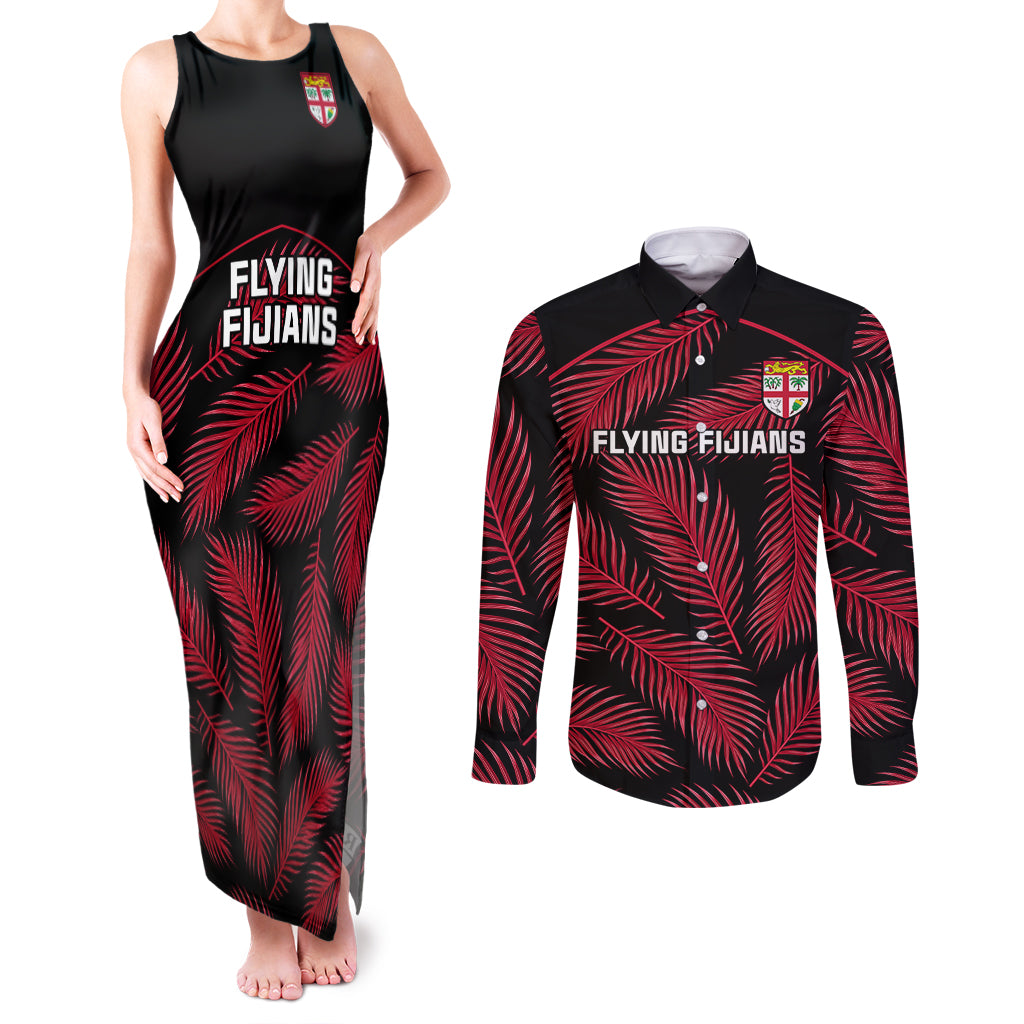 fiji-rugby-couples-matching-tank-maxi-dress-and-long-sleeve-button-shirts-flying-fijians-red-palm-tree-version