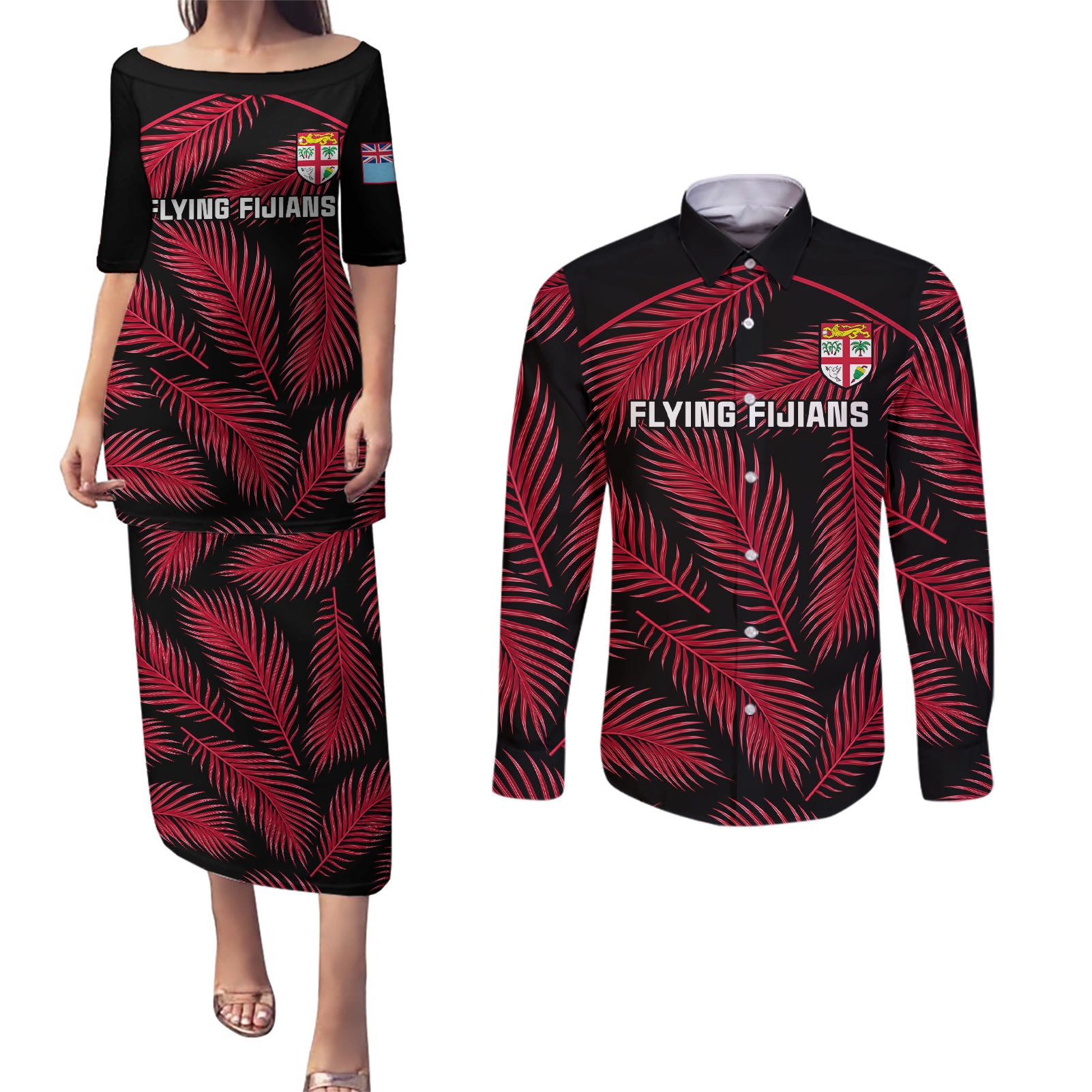 custom-fiji-rugby-couples-matching-puletasi-dress-and-long-sleeve-button-shirts-flying-fijians-red-palm-tree-version